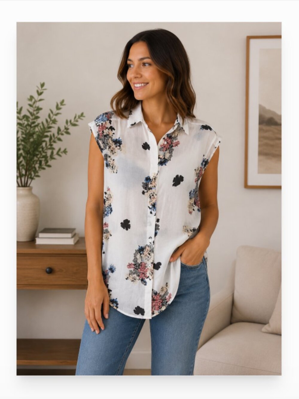 Two by Vince Camuto women's S cotton tencel floral semi sheer pop over shirt EUC